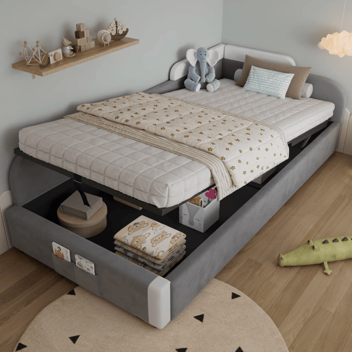 Cama individual 90x200 cm - Cama infantil hidráulica com arrumação - Cinza Cama individual 90x200 cm - Cama infantil hidráulica com arrumação - Cinza