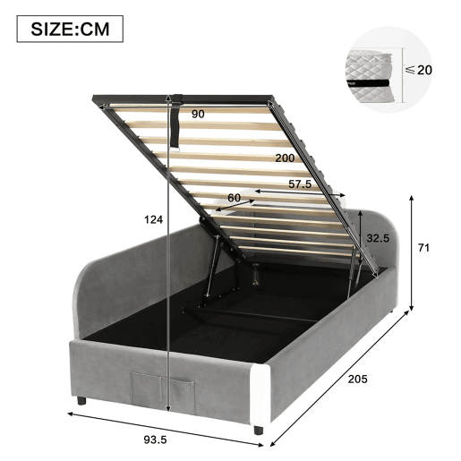 Cama individual 90x200 cm - Cama infantil hidráulica com arrumação - Cinza Cama individual 90x200 cm - Cama infantil hidráulica com arrumação - Cinza