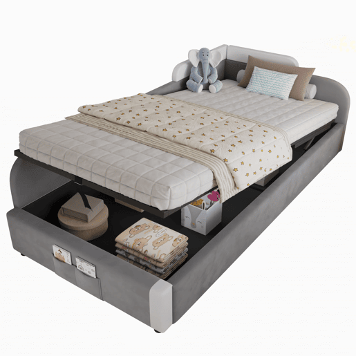 Cama individual 90x200 cm - Cama infantil hidráulica com arrumação - Cinza Cama individual 90x200 cm - Cama infantil hidráulica com arrumação - Cinza
