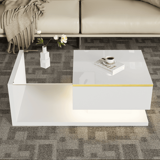 Mesa de centro 90 cm - Com vidro e efeito LED - Branco brilhante