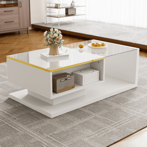 Mesa de centro 90 cm - Com vidro e efeito LED - Branco brilhante