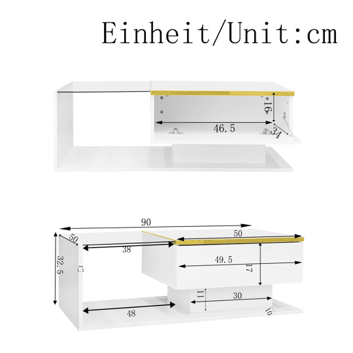 Mesa de centro 90 cm - Com vidro e efeito LED - Branco brilhante