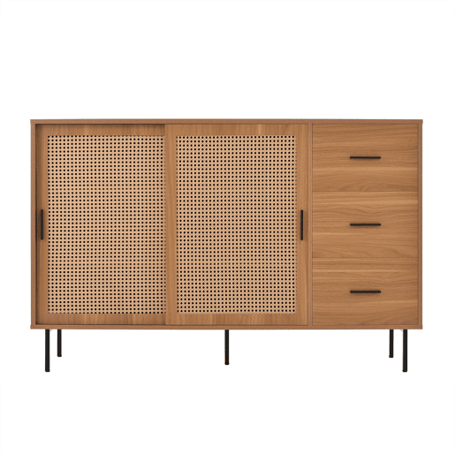 Aparador 140x91x37 cm - 2 portas de correr, 3 gavetas, estilo rústico - Natural