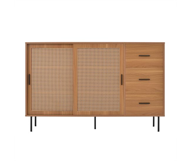 Aparador 140x91x37 cm - 2 puertas correderas, 3 cajones, estilo rústico - natural