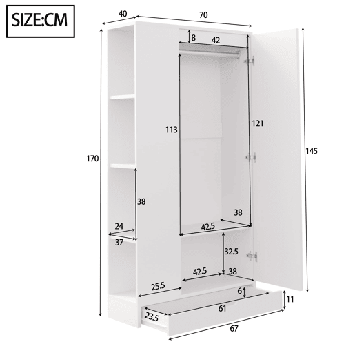Armário roupeiro 70x40x170 cm - 1 porta, prateleiras e gavetas - Branco Armário roupeiro 70x40x170 cm - 1 porta, prateleiras e gavetas - Branco
