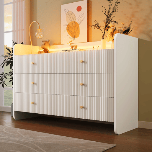 Aparador 120x40x75 cm - Com LED e 6 gavetas - Design ondulado - Branco