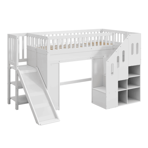 Cama alta infantil 90x200 - com escorregador, corrimão e escada com arrumação, LED - branco