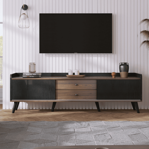 Móvel de TV 160 cm - Com 2 gavetas, 2 portas de correr, design elegante - Preto