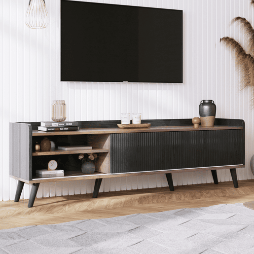 Móvel de TV 160 cm - Com 2 gavetas, 2 portas de correr, design elegante - Preto