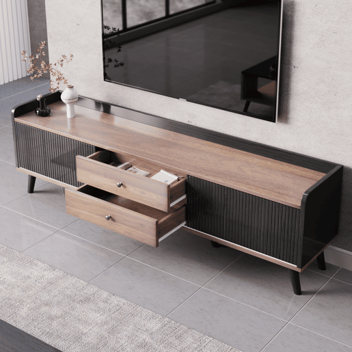 Móvel de TV 160 cm - Com 2 gavetas, 2 portas de correr, design elegante - Preto