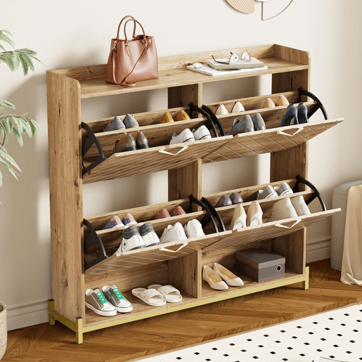 Estante para sapatos moderna com 4 portas - Móvel compacto para entrada - Estilo madeira