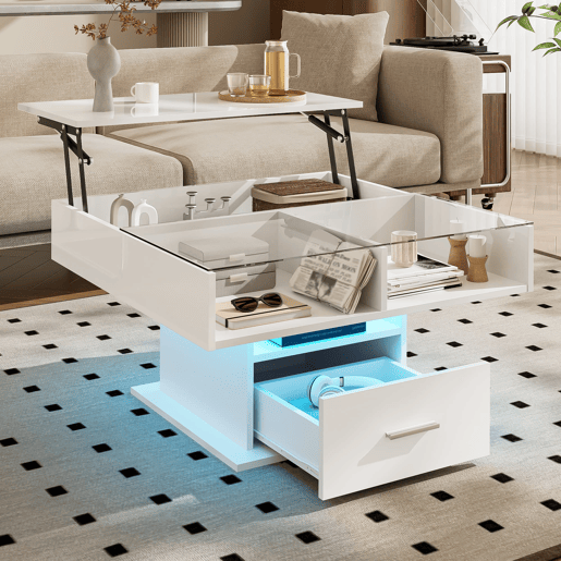 Mesa de centro elevável u2013 com iluminação LED, altura ajustável, design moderno u2013 Branco
