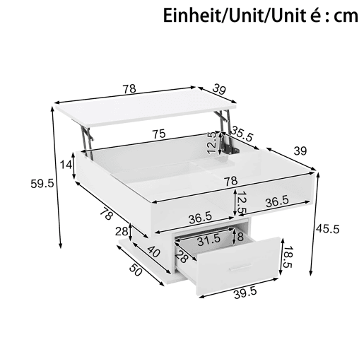 Mesa de centro elevável u2013 com iluminação LED, altura ajustável, design moderno u2013 Branco