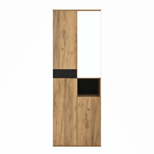 Armário alto 65x35x190 cm - com espelho, 4 portas, prateleira aberta - preto e natural Armário alto 65x35x190 cm - com espelho, 4 portas, prateleira aberta - preto e natural