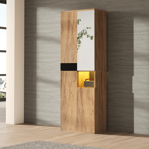 Armário alto 65x35x190 cm - com espelho, 4 portas, prateleira aberta - preto e natural Armário alto 65x35x190 cm - com espelho, 4 portas, prateleira aberta - preto e natural