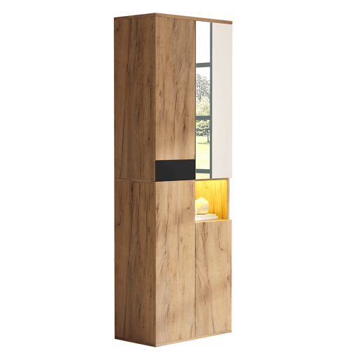 Armário alto 65x35x190 cm - com espelho, 4 portas, prateleira aberta - preto e natural Armário alto 65x35x190 cm - com espelho, 4 portas, prateleira aberta - preto e natural