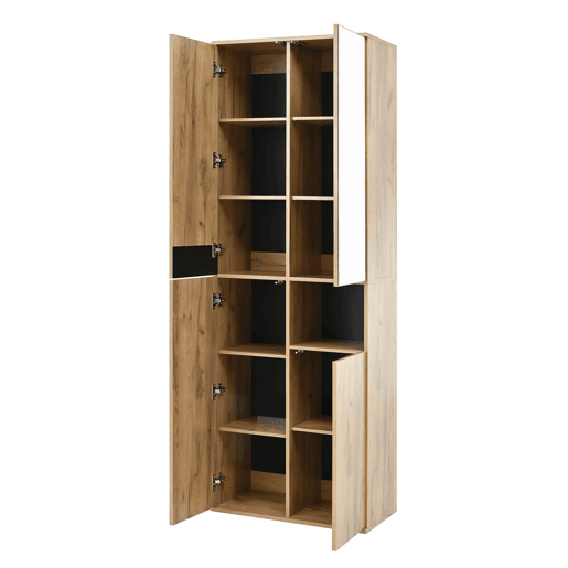 Armário alto 65x35x190 cm - com espelho, 4 portas, prateleira aberta - preto e natural Armário alto 65x35x190 cm - com espelho, 4 portas, prateleira aberta - preto e natural