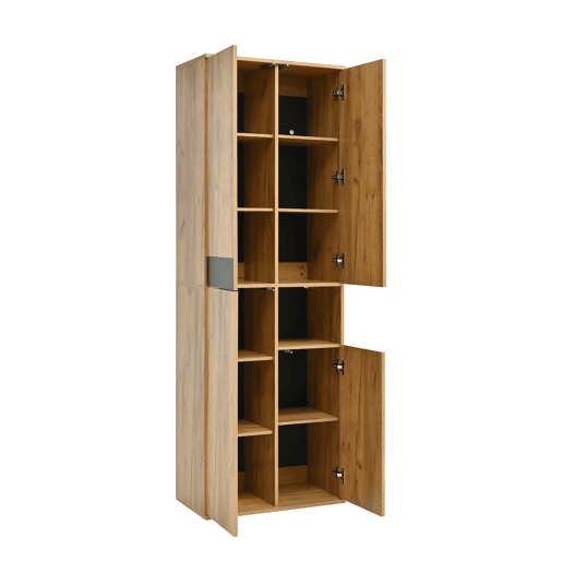 Armário alto 65x35x190 cm - com espelho, 4 portas, prateleira aberta - preto e natural Armário alto 65x35x190 cm - com espelho, 4 portas, prateleira aberta - preto e natural