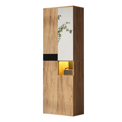 Armário alto 65x35x190 cm - com espelho, 4 portas, prateleira aberta - preto e natural Armário alto 65x35x190 cm - com espelho, 4 portas, prateleira aberta - preto e natural