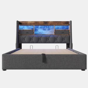 Cama hidráulica 140x200 cm - Com arrumação, cabeceira LED, 4 portas USBType-C - Cinza