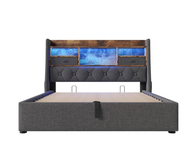 Cama hidráulica 140x200 cm - con almacenamiento, cabecero led, 4 estaciones carga usb/type-c - gris