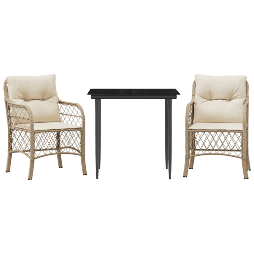 3 pcs conjunto bistrô - cadeiras de jardim - Cadeiras de exterior com almofadões vime PE bege
