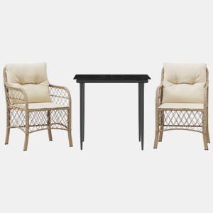 3 pcs conjunto bistrô - cadeiras de jardim - Cadeiras de exterior com almofadões vime PE bege