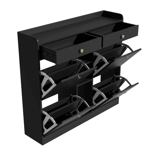Armário para sapatos preto 110x26x100 cm - 4 portas batentes, 2 gavetas, 3 compartimentos abertos