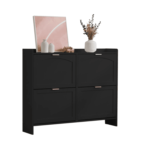 Sapateira moderna 110x90x24 cm - 4 compartimentos, prateleira livre, prateleiras abertas - Preto