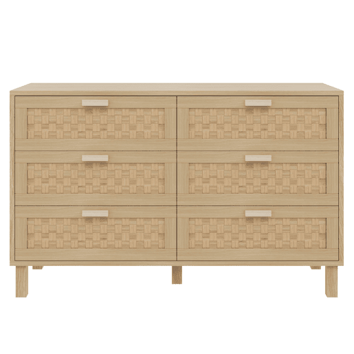 Aparador e cómoda em madeira natural com 6 gavetas - Estilo rattan - Natural