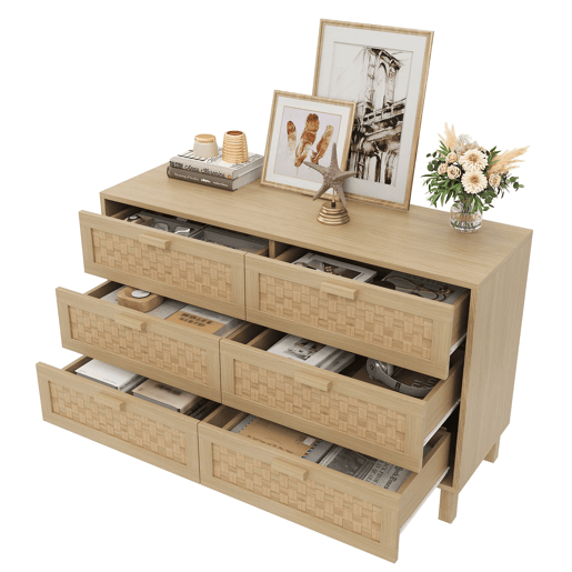 Aparador e cómoda em madeira natural com 6 gavetas - Estilo rattan - Natural