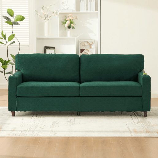 Sofá Chenille 2 lugares - USB-C, LED, porta-copos, bolsos - Esmeralda