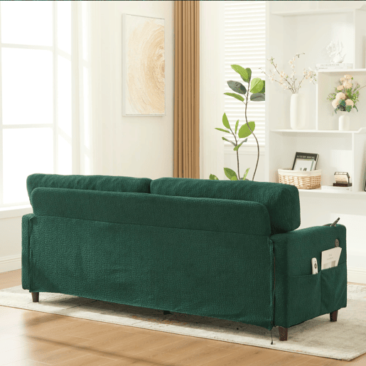 Sofá Chenille 2 lugares - USB-C, LED, porta-copos, bolsos - Esmeralda