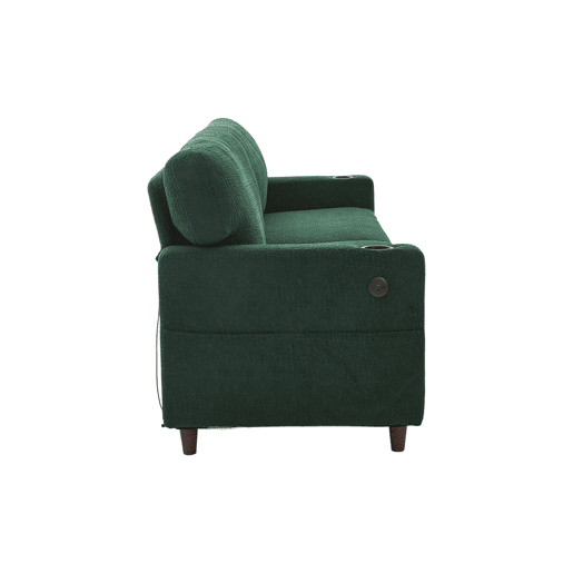 Sofá Chenille 2 lugares - USB-C, LED, porta-copos, bolsos - Esmeralda