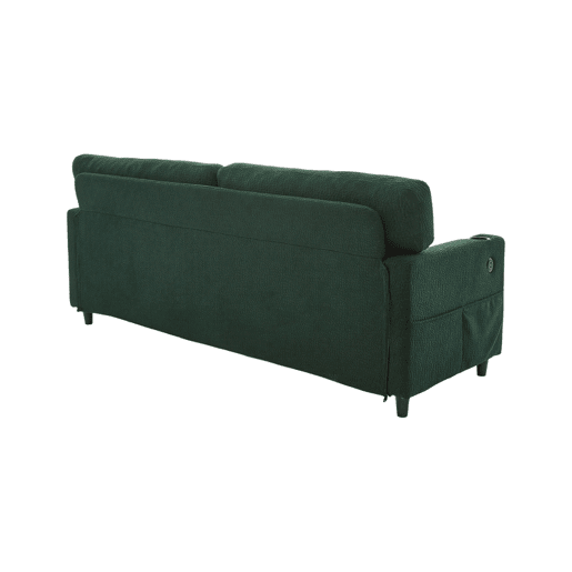 Sofá Chenille 2 lugares - USB-C, LED, porta-copos, bolsos - Esmeralda