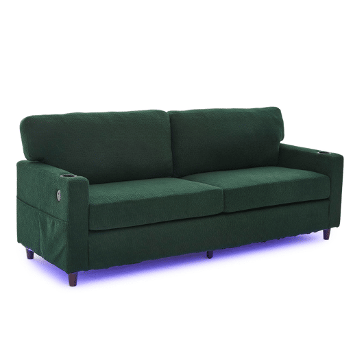Sofá Chenille 2 lugares - USB-C, LED, porta-copos, bolsos - Esmeralda