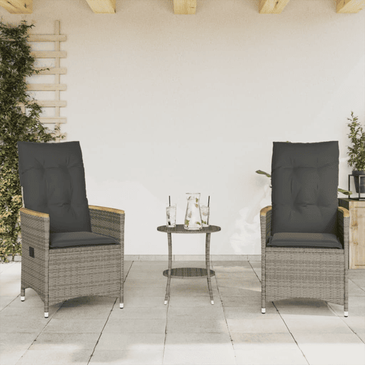3 pcs conjunto bistrô - cadeiras de jardim - Cadeiras de exterior com almofadões vime PE cinza