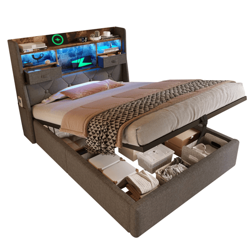 Cama hidráulica 90x200 cm - Com arrumação, cabeceira LED, 4 portas USBType-C - Cinza