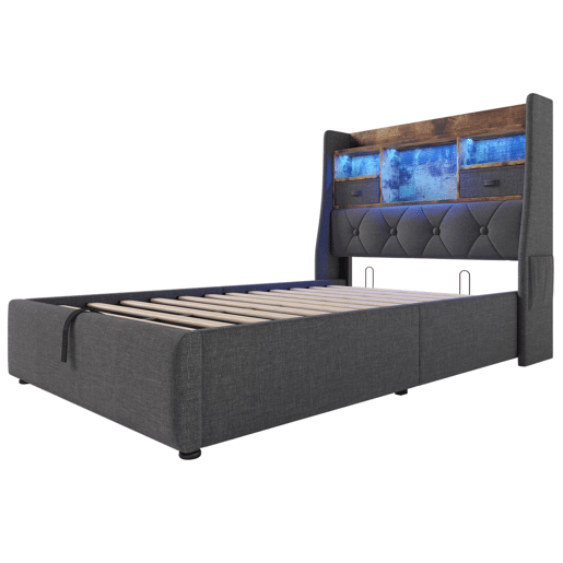 Cama hidráulica 90x200 cm - Com arrumação, cabeceira LED, 4 portas USBType-C - Cinza