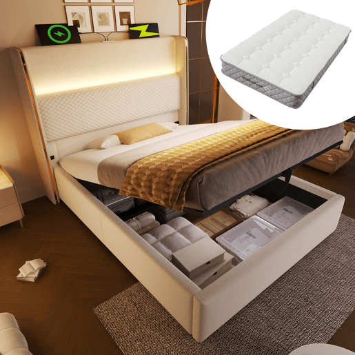 Cama hidráulica 90x200 cm - Com iluminação LED, armazenamento e portas USBType-C - Bege