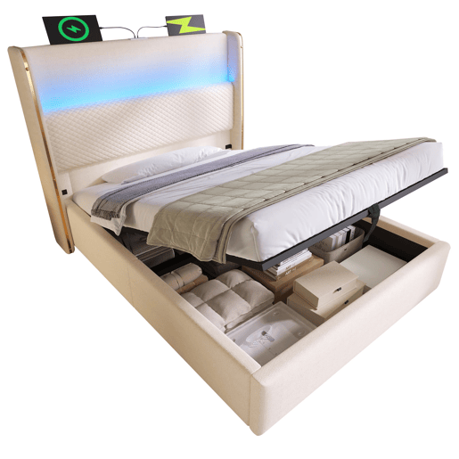 Cama hidráulica 90x200 cm - Com iluminação LED, armazenamento e portas USBType-C - Bege
