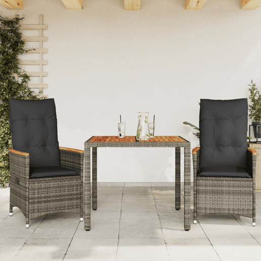 3 pcs conjunto bistrô - cadeiras de jardim - Cadeiras de exterior com almofadões vime PE cinza 3 pcs conjunto bistrô - cadeiras de jardim - Cadeiras de exterior com almofadões vime PE cinza
