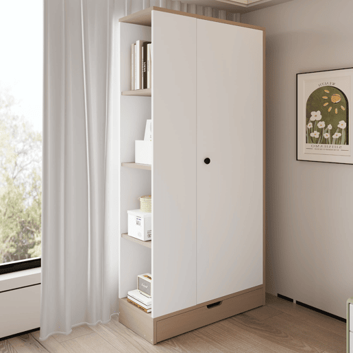 Armário roupeiro 70x40x170 cm - 1 porta com prateleiras e gavetas - Natural+Branco Armário roupeiro 70x40x170 cm - 1 porta com prateleiras e gavetas - Natural+Branco