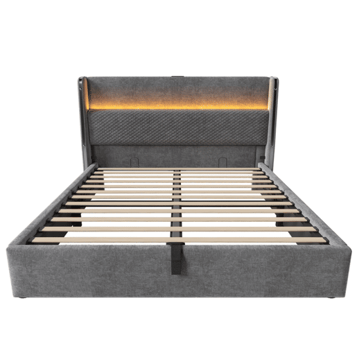 Cama hidráulica 140x200 cm - Com LED, armazenamento, portas USBType-C - Cinza