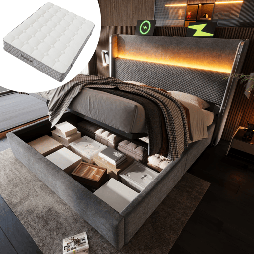 Cama hidráulica 140x200 cm - Com LED, armazenamento, portas USBType-C - Cinza
