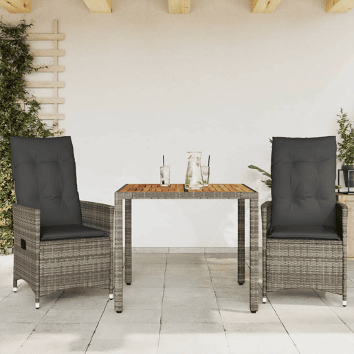 3 pcs conjunto bistrô - cadeiras de jardim - Cadeiras de exterior com almofadões vime PE cinza 3 pcs conjunto bistrô - cadeiras de jardim - Cadeiras de exterior com almofadões vime PE cinza