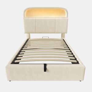 Cama estofada 90x200 cm - Cabeceira com arrumação ajustável, LED e carregador USBType-C - Bege