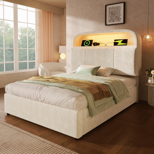 Cama estofada 90x200 cm - Cabeceira com arrumação ajustável, LED e carregador USBType-C - Bege