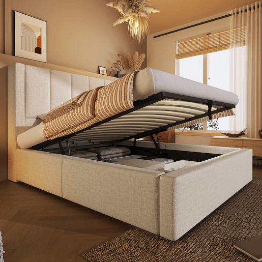 Cama estofada 90x200 cm - Com suporte para bebidas e estação de carregamento - Bege