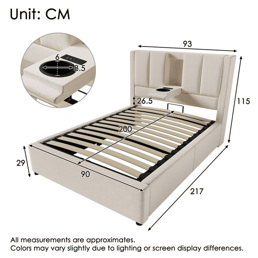 Cama estofada 90x200 cm - Com suporte para bebidas e estação de carregamento - Bege